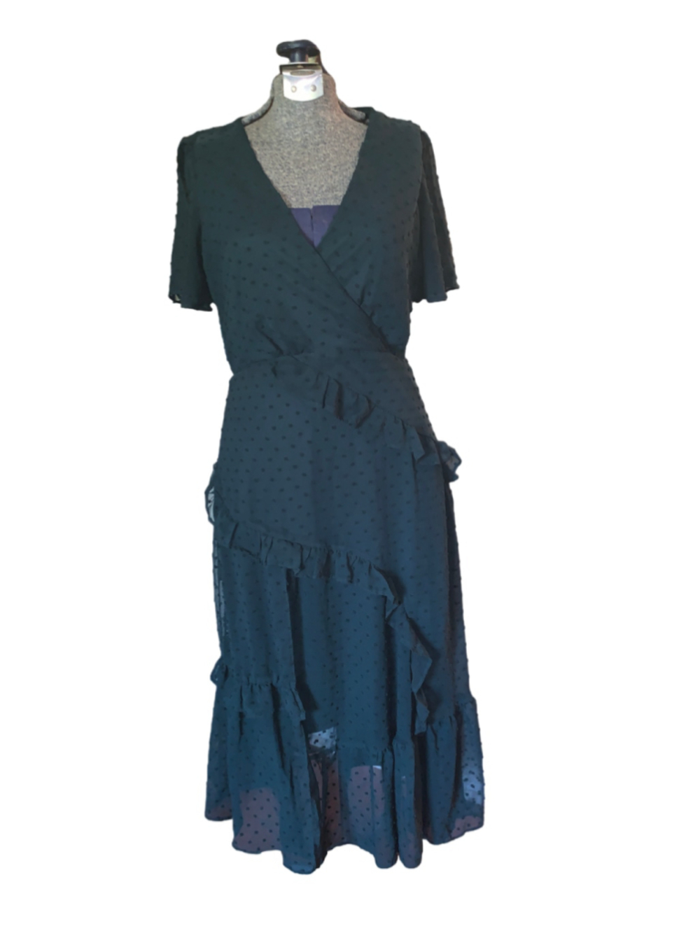 Women's Lulus Green Swiss Dot Ruffle Midi Dress Size S